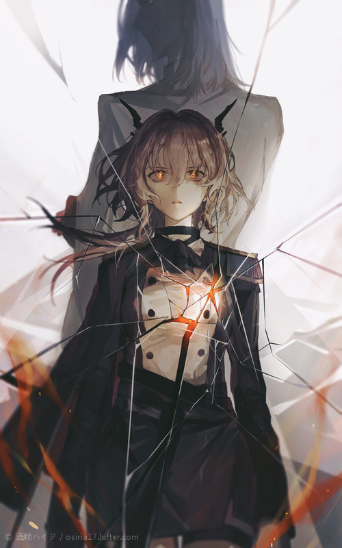 1boy, 1girl, arknights, back-to-back, crack, dragon_girl, dragon_horns, duke_kashchey_(arknights), glass_shards, glowing, glowing_eyes, hair_between_eyes, horns, long_hair, looking_up, military, military_uniform, orange_eyes, qinglai_haiji, short_hair, spoilers, talulah_(arknights), white_hair