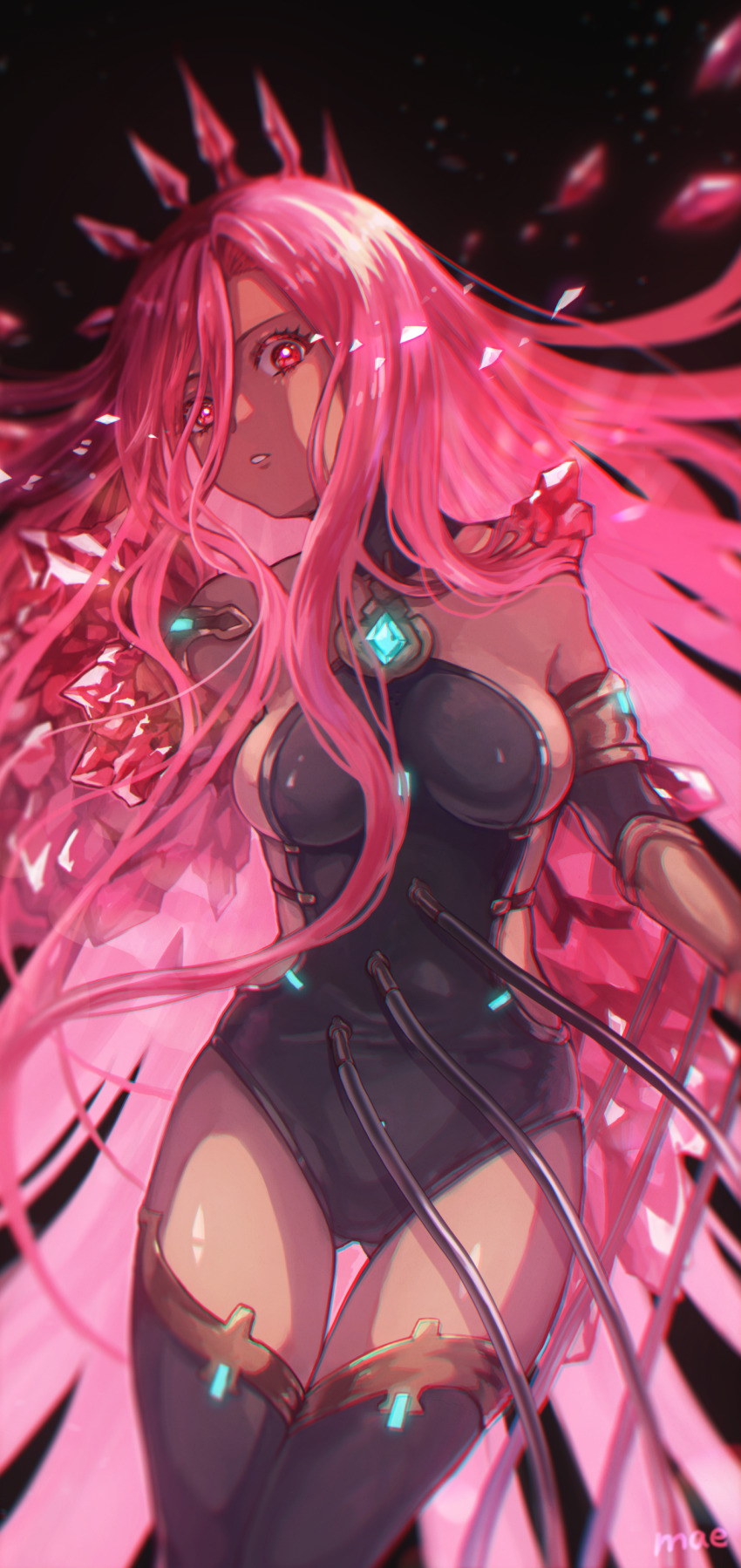 1girl, absurdres, bare_shoulders, black_background, black_leotard, black_thighhighs, breasts, cable, commentary_request, crown, crystal, dark-skinned_female, dark_skin, expressionless, gem, gluteal_fold, granblue_fantasy, hair_between_eyes, hair_over_one_eye, highres, leotard, long_hair, looking_at_viewer, medium_breasts, open_mouth, parted_lips, red_eyes, red_hair, simple_background, solo, thigh_gap, thighhighs, very_long_hair, warrose, yatima