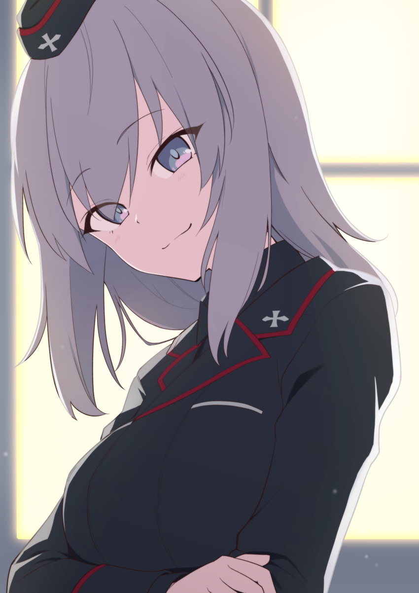 1girl, absurdres, backlighting, black_hat, black_jacket, black_shirt, blue_eyes, closed_mouth