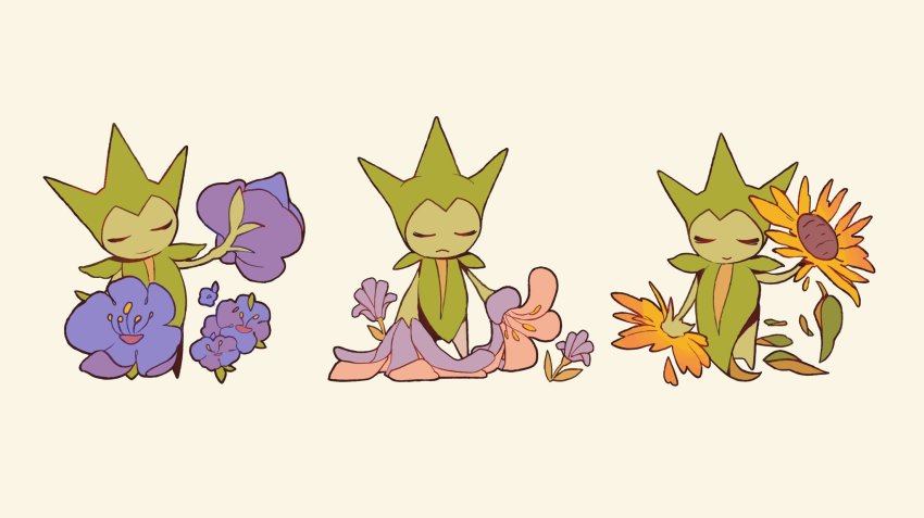closed_eyes, closed_mouth, commentary, english_commentary, flower, frown, gen_3_pokemon, highres