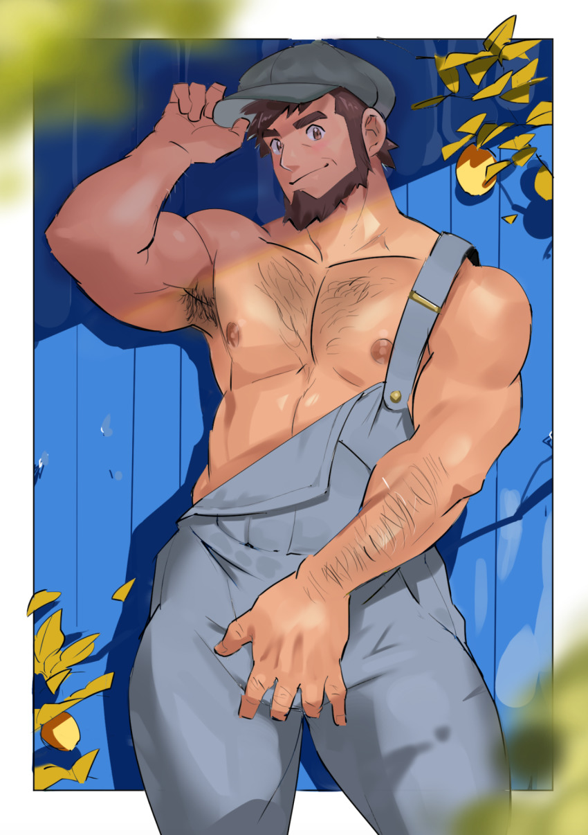 1boy, armpit_hair, bara, bare_pectorals, beard, blurry, blush, breasts