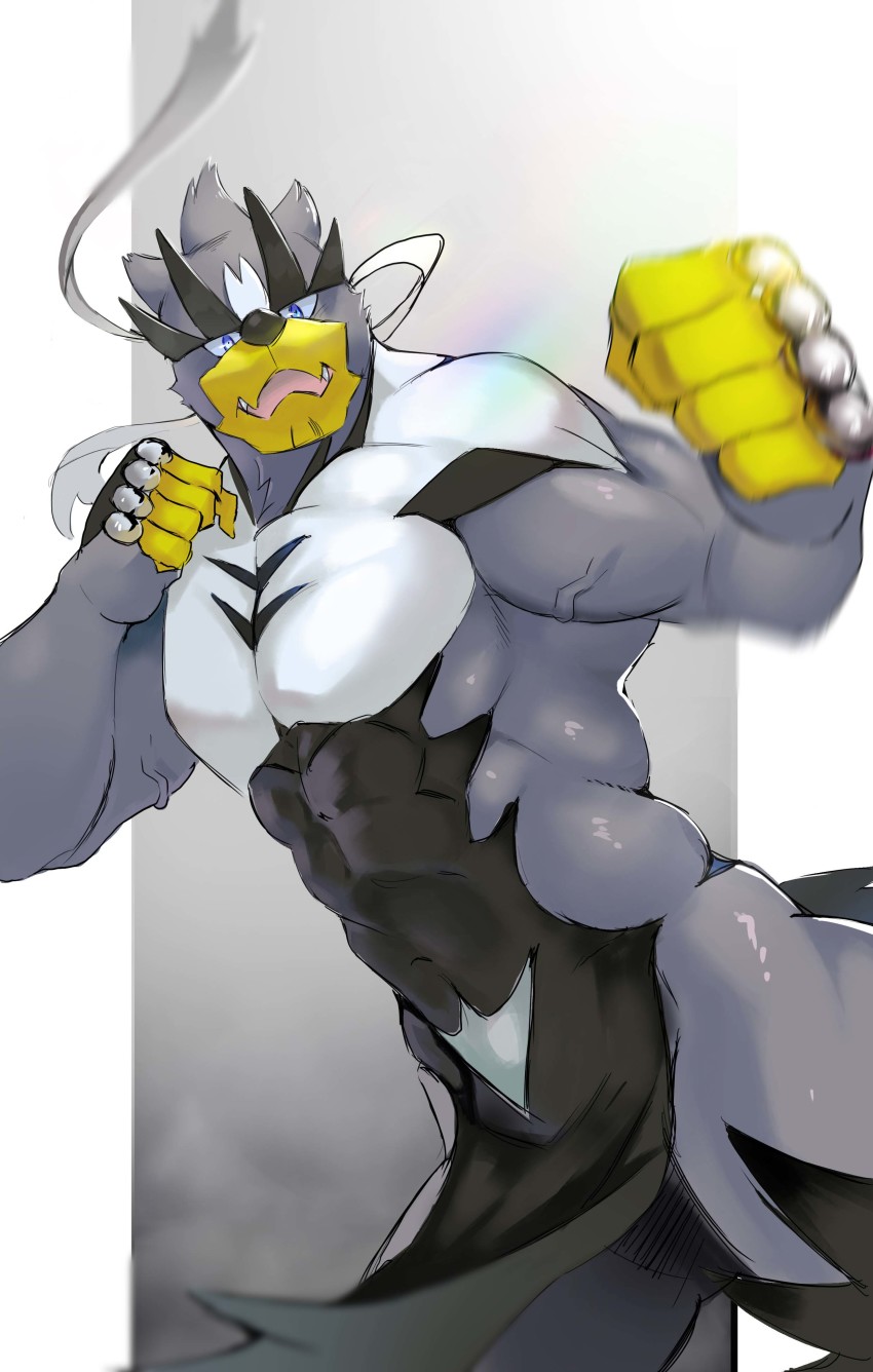 1boy, abs, absurdres, blue_eyes, blurry, clenched_hands, cowboy_shot, fangs