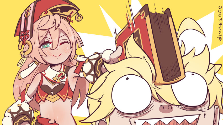 1boy, 1girl, ;), aether_(genshin_impact), blonde_hair, blush, book, bra