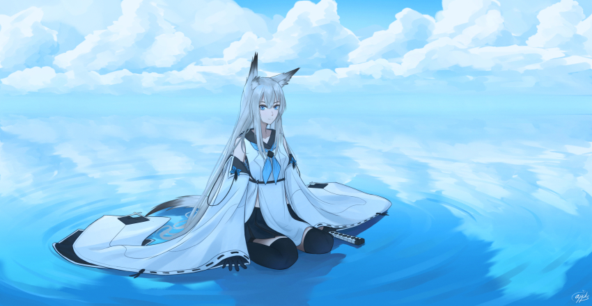 1girl, afloat, animal_ears, appl3, aqua_eyes, azur_lane, black_gloves, black_skirt