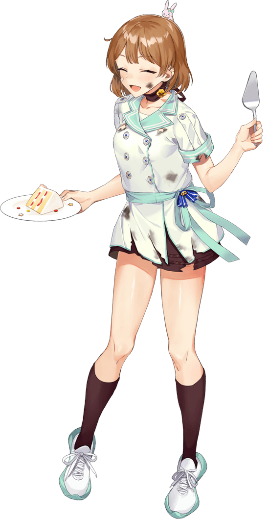 1girl, ^_^, alternate_costume, blush, brown_eyes, buttons, cake, closed_eyes, collarbone, drew_(drew213g), food, full_body, holding, holding_plate, kantai_collection, kneehighs, light_brown_hair, oboro_(8th_anniversary)_(kancolle), oboro_(kancolle), official_art, open_mouth, plate, shirt, shoes, short_hair, short_sleeves, shorts, smile, sneakers, socks, solo, torn_clothes, torn_shirt, torn_shorts, transparent_background, white_shirt, white_socks