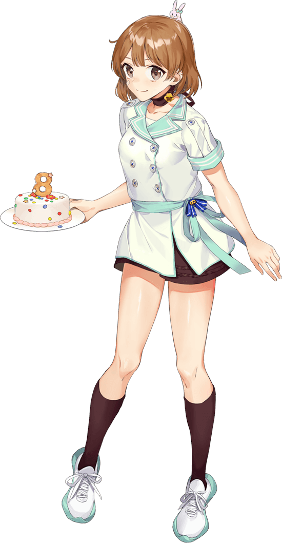 1girl, alternate_costume, blush, brown_eyes, buttons, cake, collarbone, drew_(drew213g), food, full_body, holding, holding_plate, kantai_collection, kneehighs, light_brown_hair, oboro_(8th_anniversary)_(kancolle), oboro_(kancolle), official_art, open_mouth, plate, shirt, shoes, short_hair, short_sleeves, shorts, smile, sneakers, socks, solo, transparent_background, white_shirt, white_socks, yellow_shorts