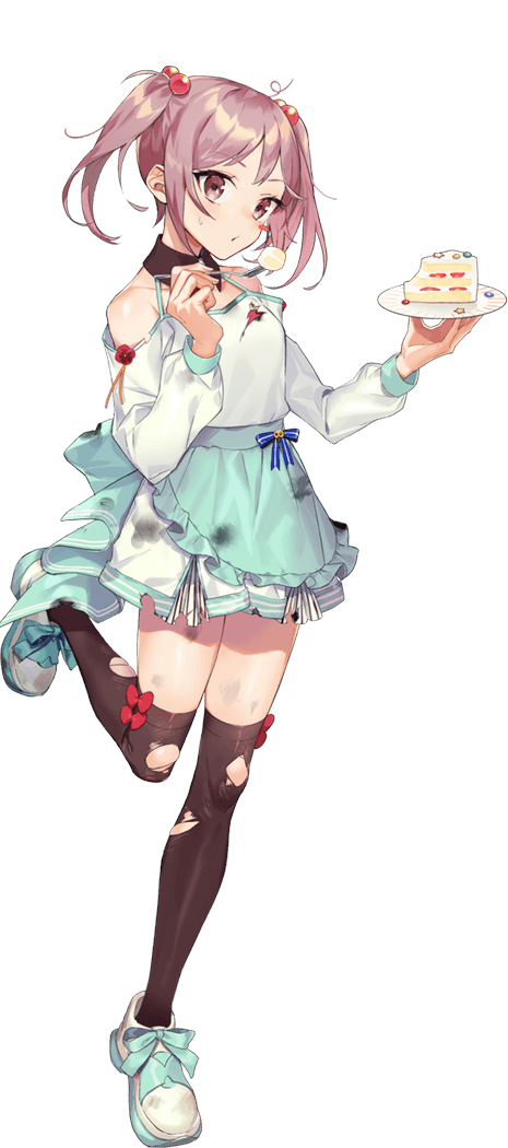 1girl, alternate_costume, animal, apron, aqua_apron, brown_thighhighs, cake, crab, drew_(drew213g), food, fork, full_body, hair_bobbles, hair_ornament, holding, holding_fork, holding_plate, kantai_collection, long_sleeves, official_art, pet, pink_eyes, pink_hair, plate, sazanami_(8th_anniversary)_(kancolle), sazanami_(kancolle), shoes, short_hair, solo, thighhighs, torn_clothes, torn_thighhighs, transparent_background, twintails, v, white_shoes, white_thighhighs