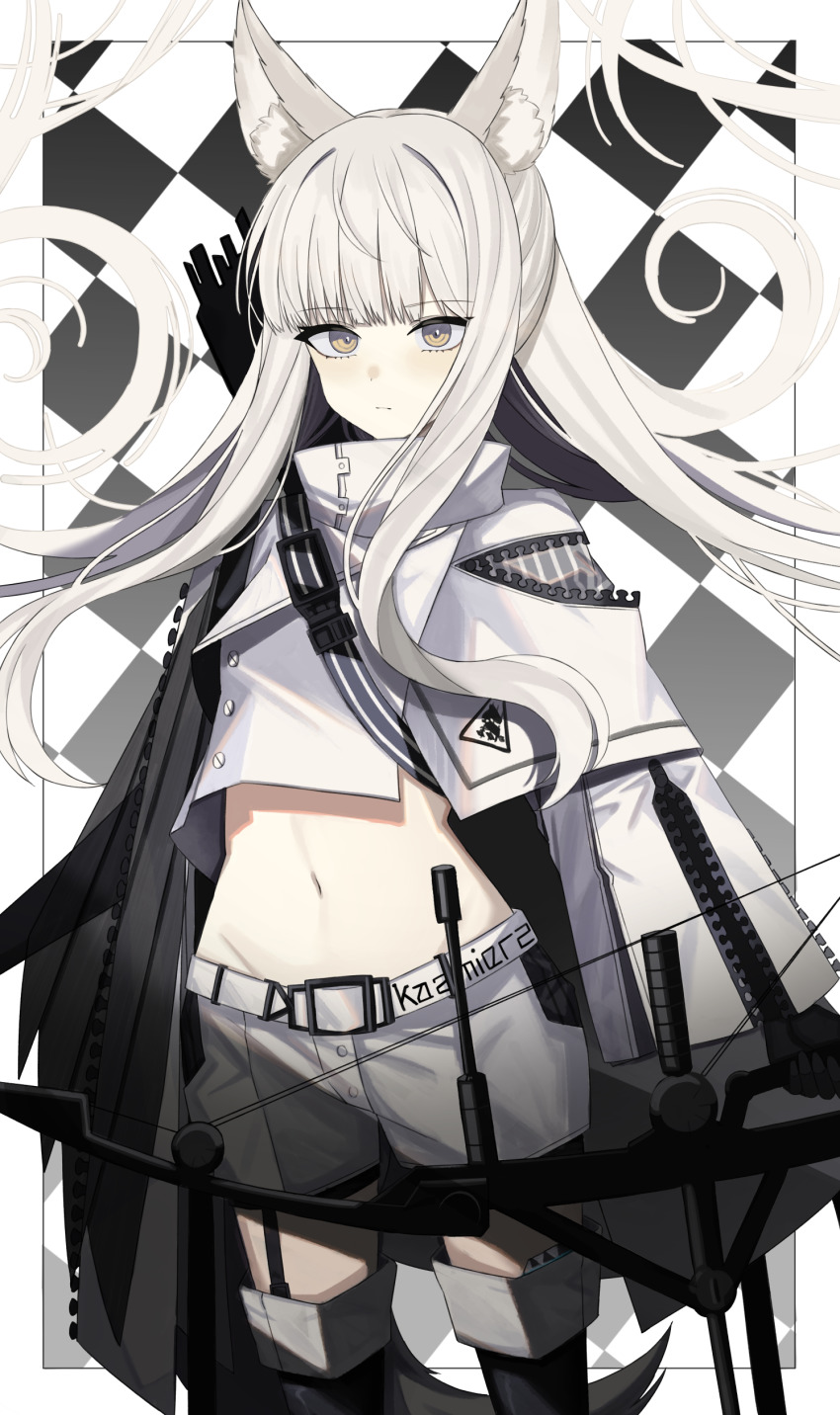 1girl, a_iri_a, absurdres, ahoge, animal_ears, arknights, arrow_(projectile), black_thighhighs