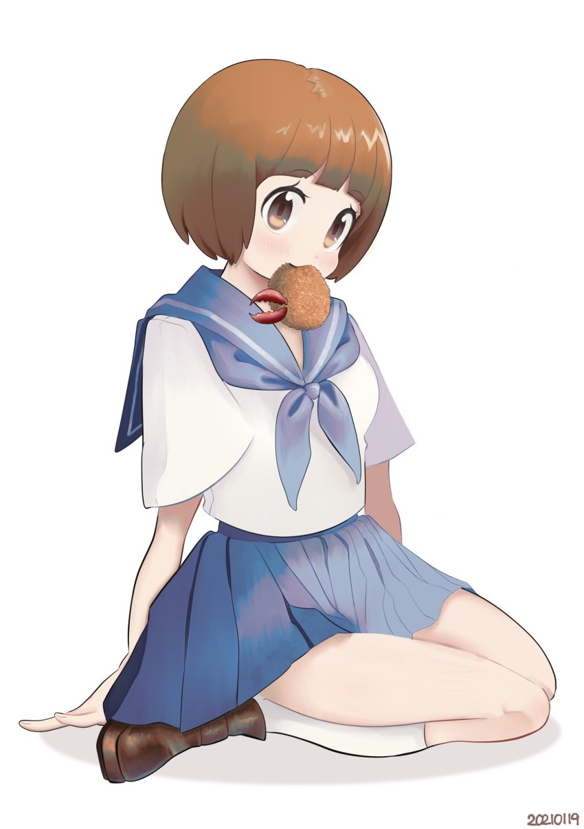 1girl, blue_skirt, bob_cut, brown_eyes, brown_footwear, brown_hair, dated, food