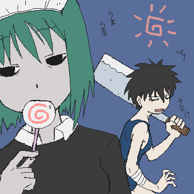 1boy, 1girl, bandages, black_hair, borrowed_character, candy, food, green_hair