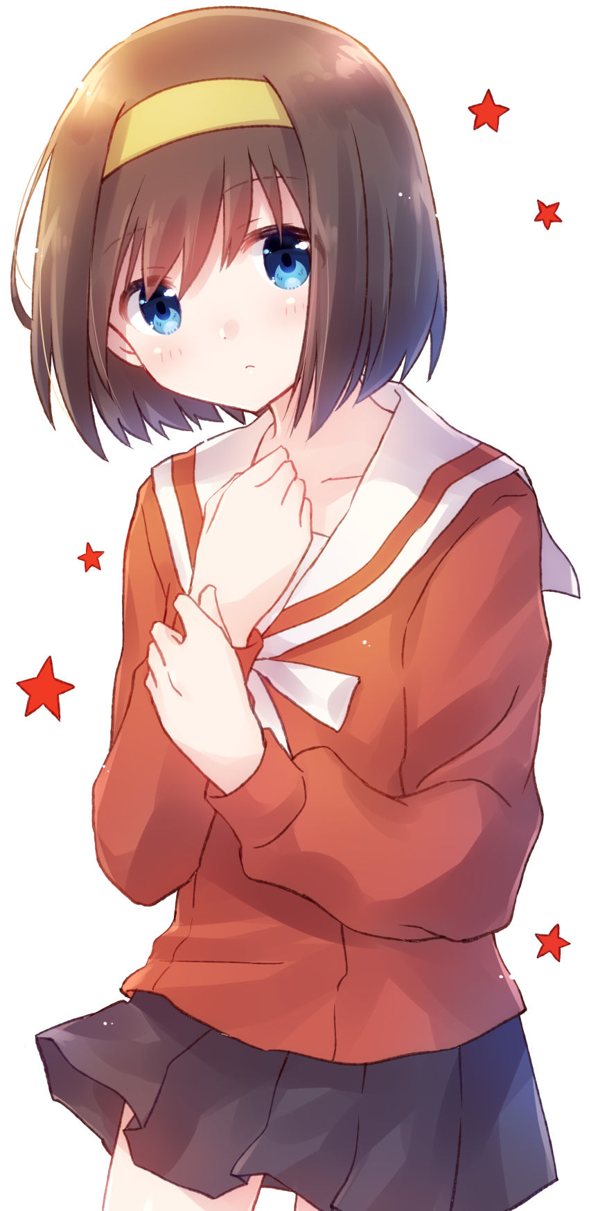 1girl, absurdres, blouse, blue_eyes, blue_skirt, blush, brown_hair, commentary