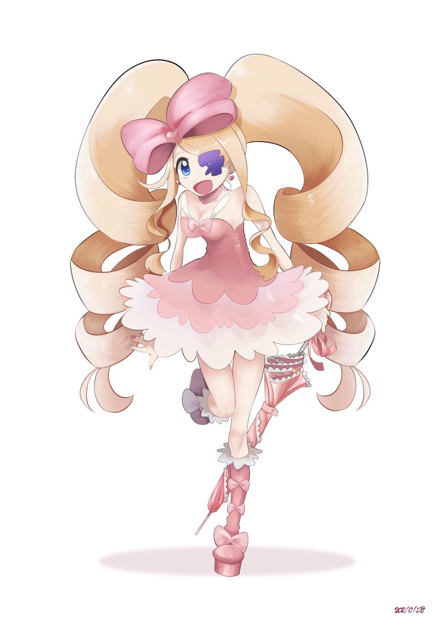 1girl, big_hair, blonde_hair, blue_eyes, boots, bow, breasts, cleavage, dated, dress, drill_hair, earrings, eyepatch, full_body, hair_bow, harime_nui, heart, heart_earrings, highres, jewelry, kill_la_kill, long_hair, looking_at_viewer, mito_keiji, one-eyed, one_eye_covered, open_mouth, pink_boots, pink_bow, pink_dress, simple_background, solo, standing, standing_on_one_leg, strapless, strapless_dress, twin_drills, umbrella, very_long_hair, white_background