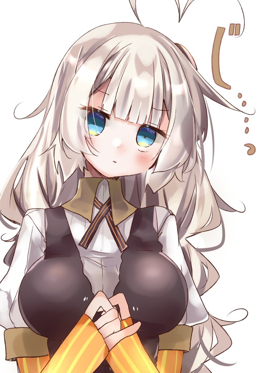 1girl, absurdres, ahoge, black_dress, blue_eyes, blunt_bangs, breasts, commentary
