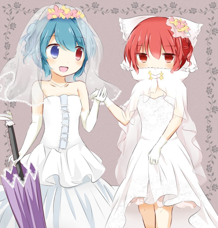 2girls, :d, bare_shoulders, blue_eyes, blue_hair, bow, bridal_veil, cloak, covered_mouth, cowboy_shot, dress, elbow_gloves, female_focus, flower, gloves, grey_background, hair_bow, hair_flower, hair_ornament, heterochromia, highres, holding, holding_hands, holding_own_dress, holding_umbrella, holding_unworn_clothes, looking_at_another, looking_at_viewer, matching_hair/eyes, multiple_girls, off-shoulder_dress, off_shoulder, open_mouth, puchimirin, purple_umbrella, red_eyes, red_hair, sekibanki, short_hair, smile, standing, tatara_kogasa, touhou, umbrella, veil, wedding, wedding_dress, white_bow, white_gloves, yuri