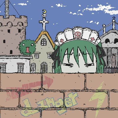 1girl, =_=, arrow_(symbol), brick_wall, city, cloud, creature, cross