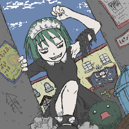 1girl, ^^^, arm_up, bags_under_eyes, cloud, creature, day, dutch_angle