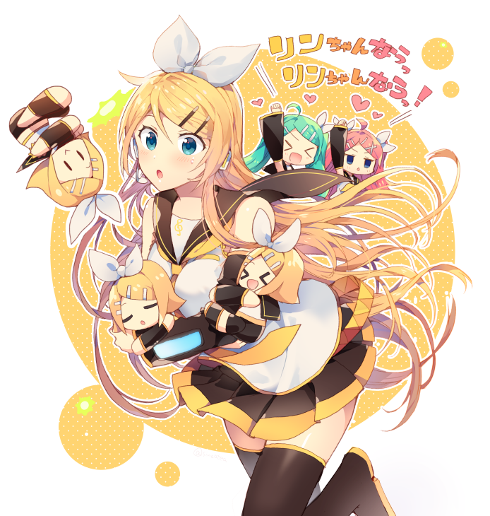 >_<, 3girls, aged_up, ahoge, aqua_hair, arm_hug, arm_up, arm_warmers