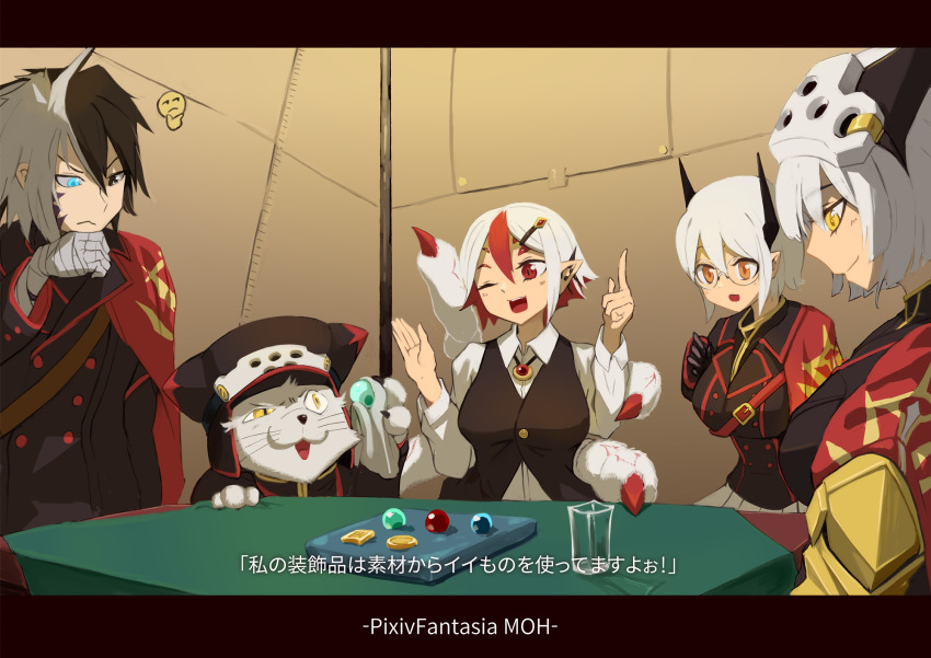 1boy, 3girls, :d, arthropod_limbs, bandages, bandaged_arm, blue_eyes, brooch