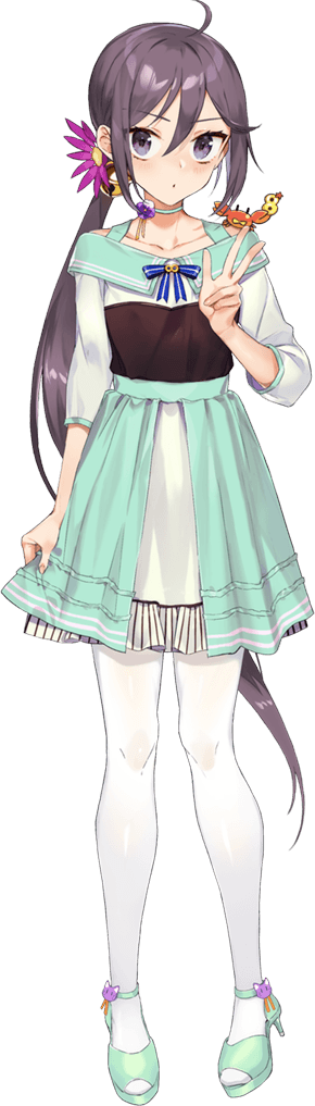 1girl, akebono_(8th_anniversary)_(kancolle), akebono_(kancolle), alternate_costume, bell, blush, collarbone, crab, dress, drew_(drew213g), flower, full_body, hair_bell, hair_between_eyes, hair_flower, hair_ornament, jingle_bell, kantai_collection, long_hair, official_art, open_mouth, pantyhose, purple_eyes, purple_flower, purple_hair, side_ponytail, solo, transparent_background, v, white_pantyhose