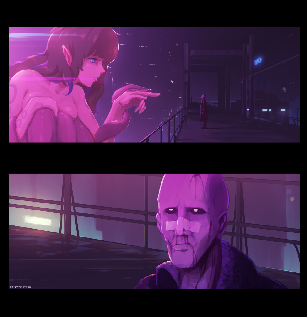1boy, 1girl, 2koma, bald, blade_runner_(series), blade_runner_2049, blood, blue_eyes