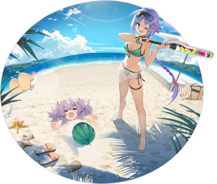 2girls, artist_request, azur_lane, bag, beach, beach_umbrella, bikini, blue_eyes