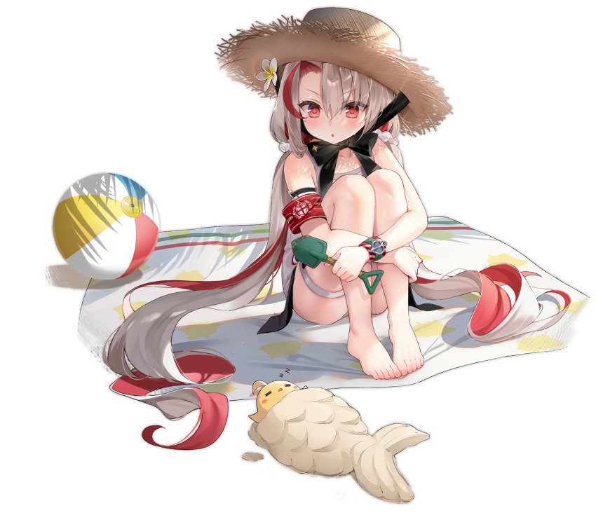 1girl, azur_lane, ball, bare_shoulders, barefoot, beachball, byulzzi, flower
