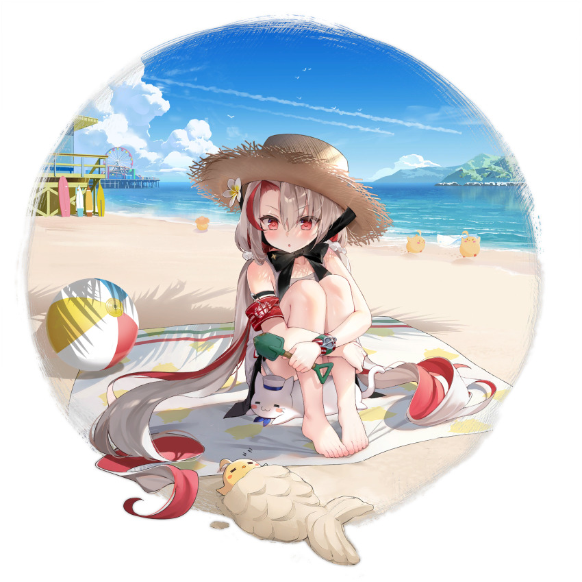 1girl, azur_lane, ball, bare_shoulders, barefoot, beach, beach_towel, beachball