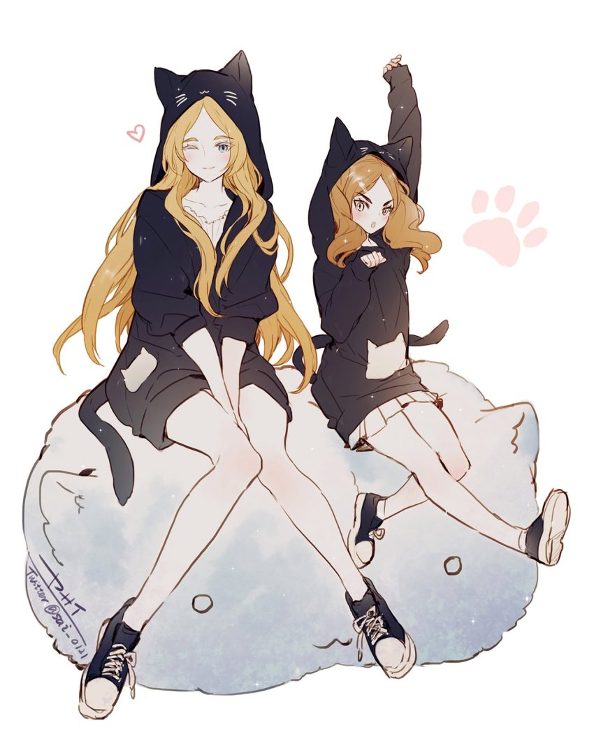 2girls, age_difference, alternate_costume, animal_hood, arm_up, bare_legs, between_legs, blonde_hair