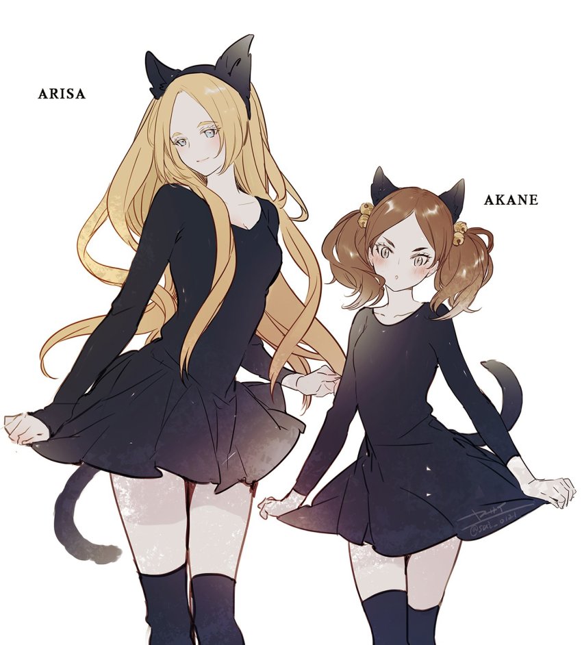 2girls, age_difference, alternate_costume, animal_ears, bell, black_dress, black_legwear, blonde_hair, blue_eyes, blush, breasts, brown_hair, cat_ears, cat_tail, character_name, curtsey, dress, haiba_arisa, haikyuu!!, hair_bell, hair_ornament, height_difference, highres, holding_own_dress, long_hair, long_sleeves, looking_at_viewer, multiple_girls, simple_background, smile, standing, tail, thighhighs, twintails, white_background, yamamoto_akane, yasai_(getsu), zettai_ryouiki