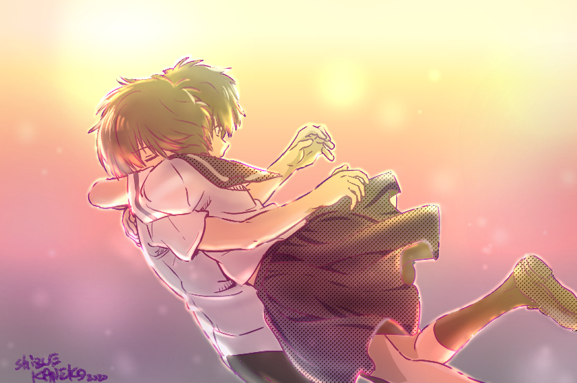 1boy, 1girl, artist_name, covered_mouth, dated, closed_eyes, hair_over_one_eye, hetero