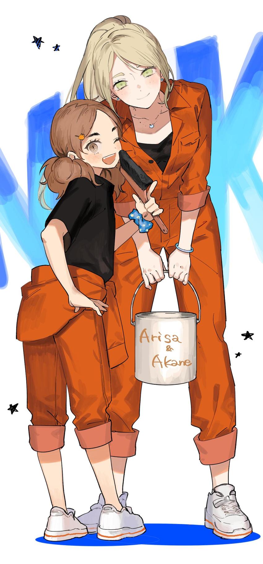 2girls, absurdres, age_difference, bent_over, black_shirt, blonde_hair, blush, bodysuit