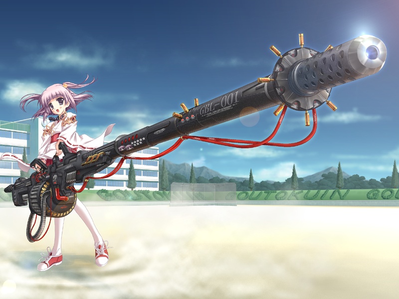 1girl, amakawa_akito, female_focus, game_cg, gun, huge_weapon, japanese_clothes, miko