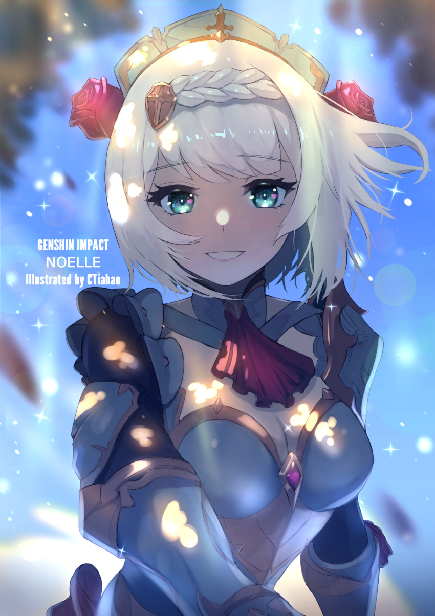 1girl, artist_name, ascot, braid, breasts, character_name, cleavage, copyright_name