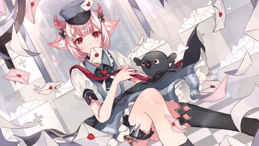 1girl, animal_ears, bird, black_legwear, black_neckwear, blue_dress, blue_hat, box