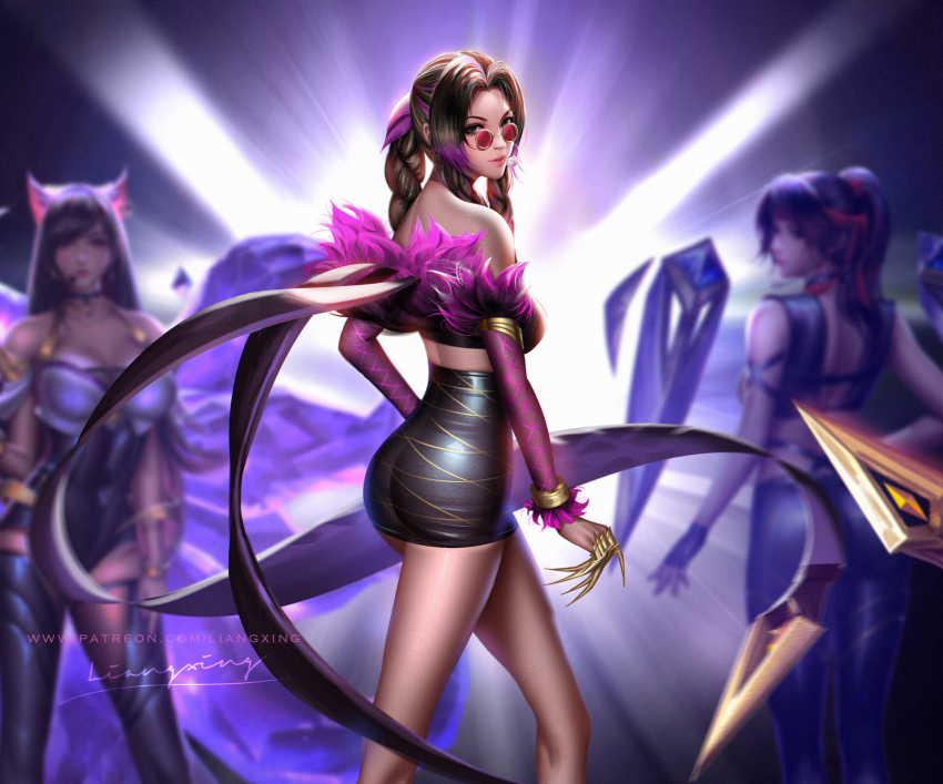 3girls, aerith_gainsborough, ahri_(league_of_legends), ahri_(league_of_legends)_(cosplay), animal_ears, ass, bare_shoulders, black_hair