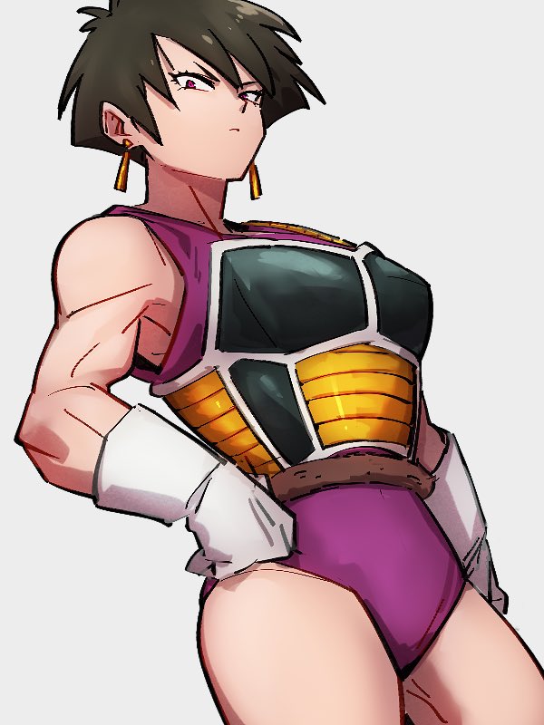 1girl, arm_at_side, armor, black_hair, breasts, clenched_hand, closed_mouth, contrapposto, cowboy_shot, dragon_ball, dragon_ball_super, dragon_ball_super_broly, dragonball_z, dutch_angle, earrings, frown, gloves, gold_earrings, grey_background, hand_on_own_hip, jewelry, kemachiku, leotard, looking_at_viewer, looking_down, monkey_tail, muscular, muscular_female, pink_leotard, red_eyes, saiyan_armor, serious, seripa, short_hair, simple_background, solo, tail, tail_around_waist, thighs, tsurime, v-shaped_eyebrows, very_short_hair, white_gloves