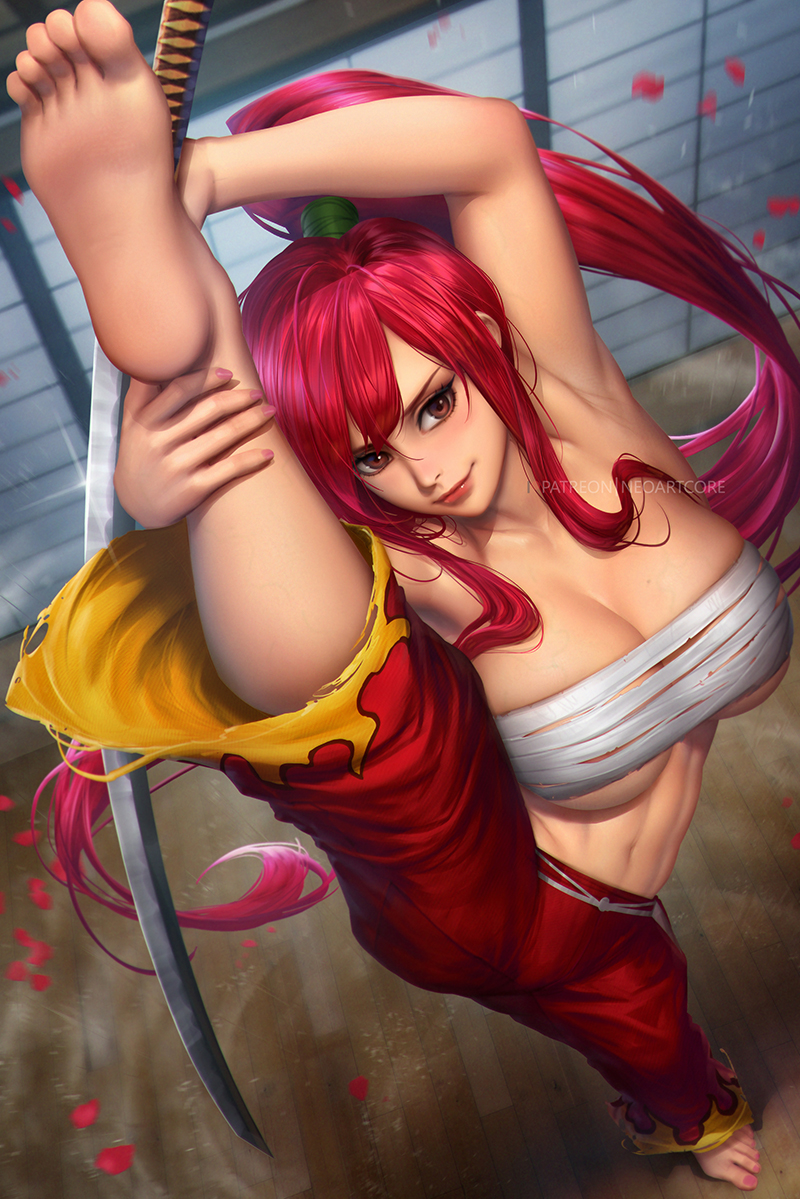 1girl, armpits, barefoot, breasts, brown_eyes, cleavage, erza_scarlet, fairy_tail, foot_focus, foreshortening, from_above, full_body, hakama, hakama_pants, holding, holding_sword, holding_weapon, japanese_clothes, large_breasts, linea_alba, long_hair, looking_at_viewer, nail_polish, navel, neoartcore, pants, pink_nails, ponytail, print_pants, red_hair, red_pants, sarashi, shadow, smile, solo, split, standing, standing_on_one_leg, standing_split, sword, toenail_polish, toenails, very_long_hair, weapon, wooden_floor