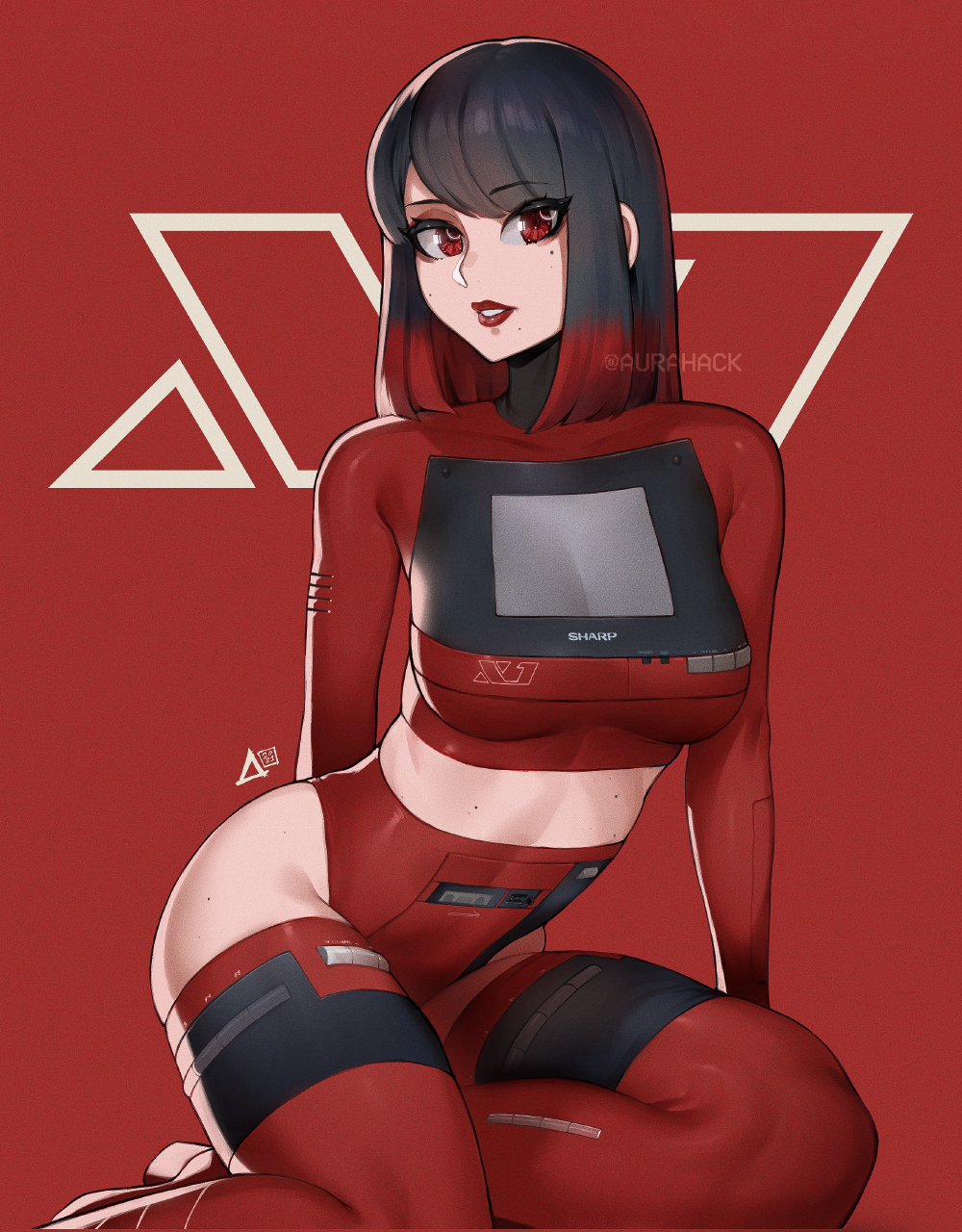 1girl, aurahack, black_hair, bob_cut, boots, breasts, commentary, crop_top, highres, kneeling, lipstick, long_sleeves, makeup, medium_breasts, medium_hair, microcomputer, midriff, mole, mole_on_cheek, mole_on_leg, mole_on_stomach, mole_under_eye, mole_under_mouth, multicolored_hair, multiple_moles, panties, personification, red_background, red_boots, red_eyes, red_lips, red_panties, see-through_clothes, see-through_shirt, sharp_corporation, sharp_x1, shirt, skin_tight, solo, thigh_boots, thighhighs, twitter_username, two-tone_hair, underwear, watermark