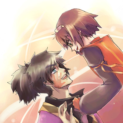 00s, 1boy, 1girl, black_hair, blue_eyes, brown_hair, gloves, goggles