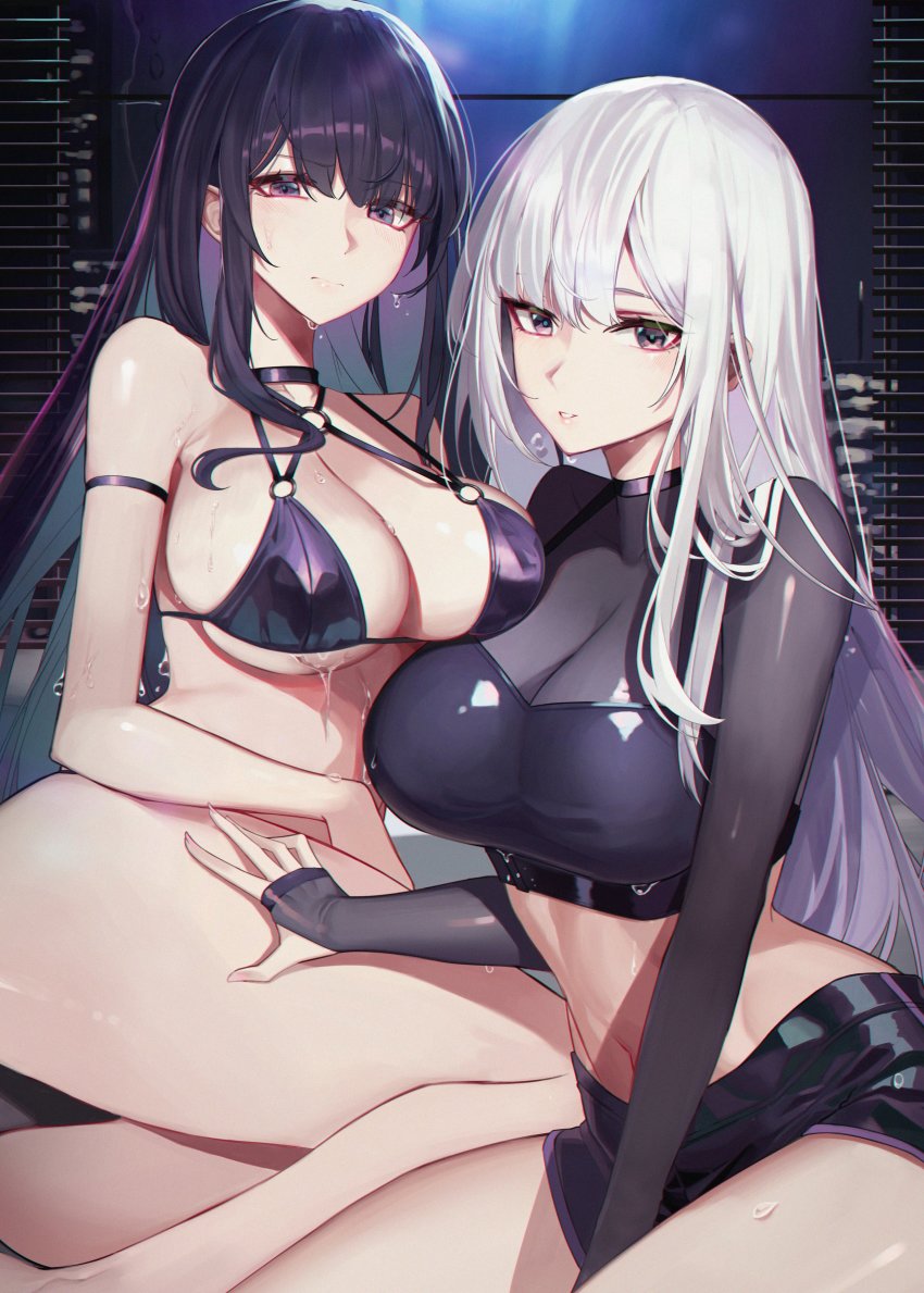 2girls, absurdres, armband, between_legs, bikini, black_bikini, breast_press, breasts