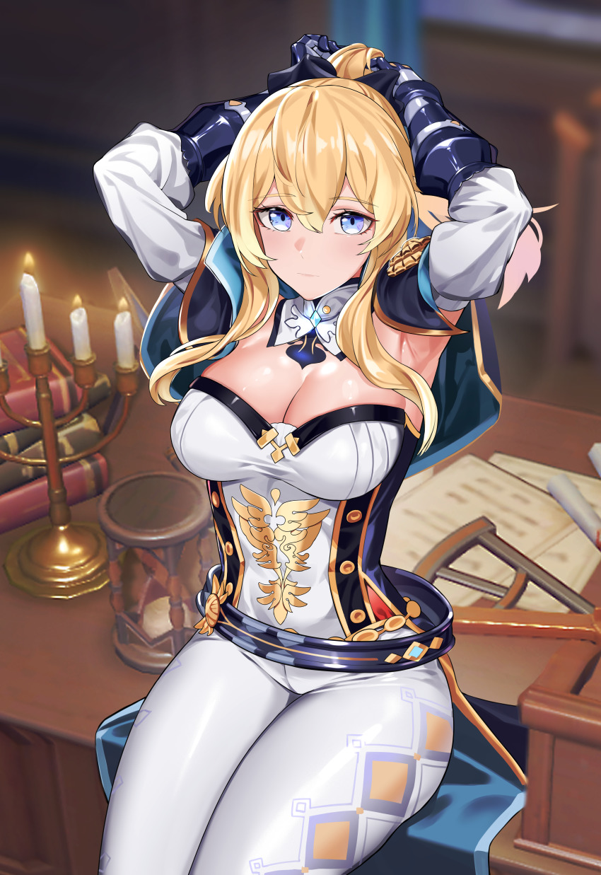 1girl, absurdres, adjusting_hair, armpits, arms_up, bare_shoulders, blonde_hair, blue_capelet, blue_eyes, book, bow, breasts, candle, capelet, cleavage, closed_mouth, coattails, curvy, desk, detached_collar, detached_sleeves, fire, genshin_impact, hair_between_eyes, hair_bow, highres, hourglass, huge_filesize, indoors, jean_(genshin_impact), large_breasts, pants, paper, ponytail, sgholln, sitting, solo, tailcoat, tight_clothes, tight_pants, white_pants