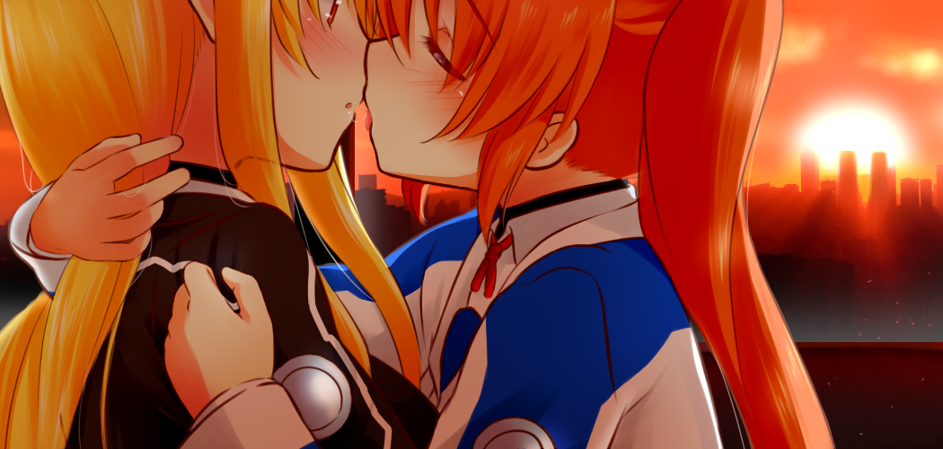 2girls, blonde_hair, blush, building, closed_eyes, couple, fate_testarossa, imminent_kiss