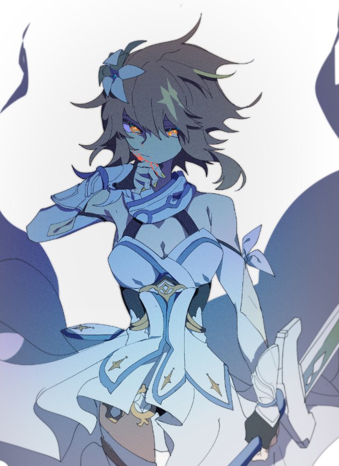 1girl, blood, blood_on_face, breasts, cleavage, cowboy_shot, dress, fingerless_gloves, flower, genshin_impact, gloves, hair_between_eyes, hair_flower, hair_ornament, hamha_s, looking_at_viewer, lumine_(genshin_impact), shaded_face, short_hair, small_breasts, solo, sword, thighhighs, thighs, weapon, white_background, wind, wind_lift