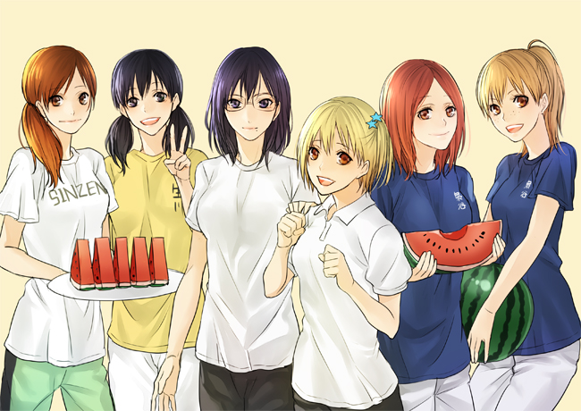 6+girls, blonde_hair, blue_shirt, brown_hair, food, freckles, fruit, grin