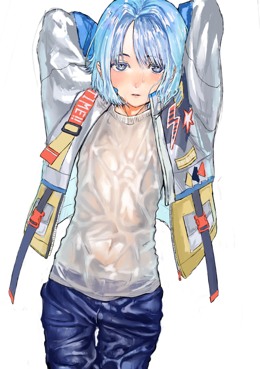 1boy, absurdres, arms_up, blue_eyes, blue_pants, blush, covered_navel, cowboy_shot