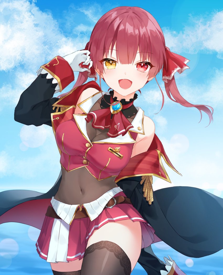 1girl, ascot, belt, black_choker, black_coat, black_thighhighs, blue_sky, breasts