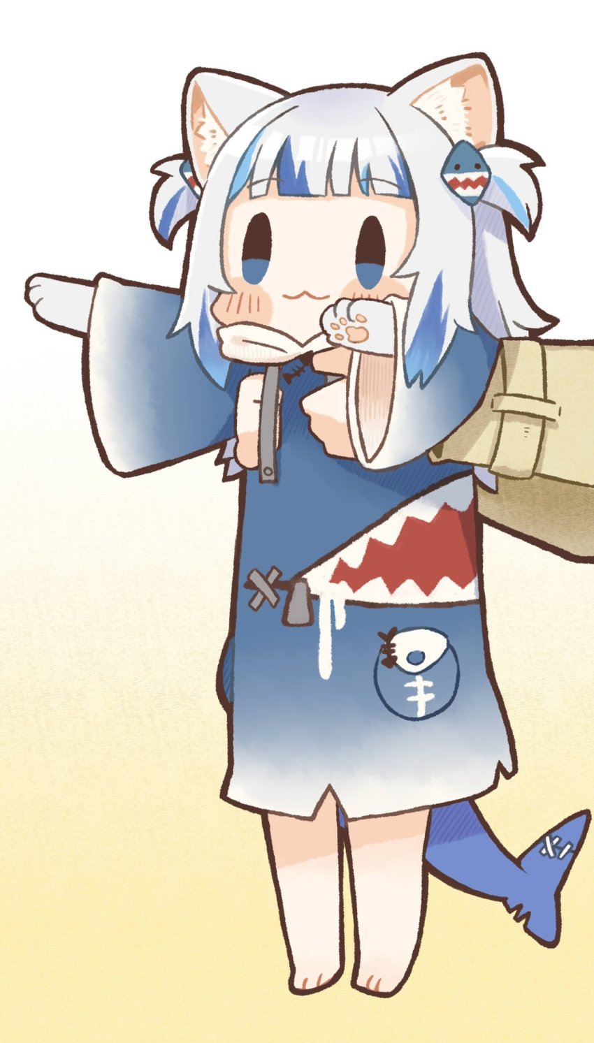 1girl, :3, animal_ear_fluff, animal_ears, animal_hands, blue_eyes, blue_hair, blunt_bangs, blush, cat_ears, chibi, commentary, english_commentary, fins, fish_tail, gawr_gura, gawr_gura_(1st_costume), hair_ornament, hairclip, highres, holding, holding_person, hololive, hololive_english, kemonomimi_mode, longcat_(meme), meme, mini_person, minigirl, multicolored_hair, same_anko, shark_tail, simple_background, smile, solo_focus, streaked_hair, tail, two_side_up, virtual_youtuber, white_hair, wide_sleeves