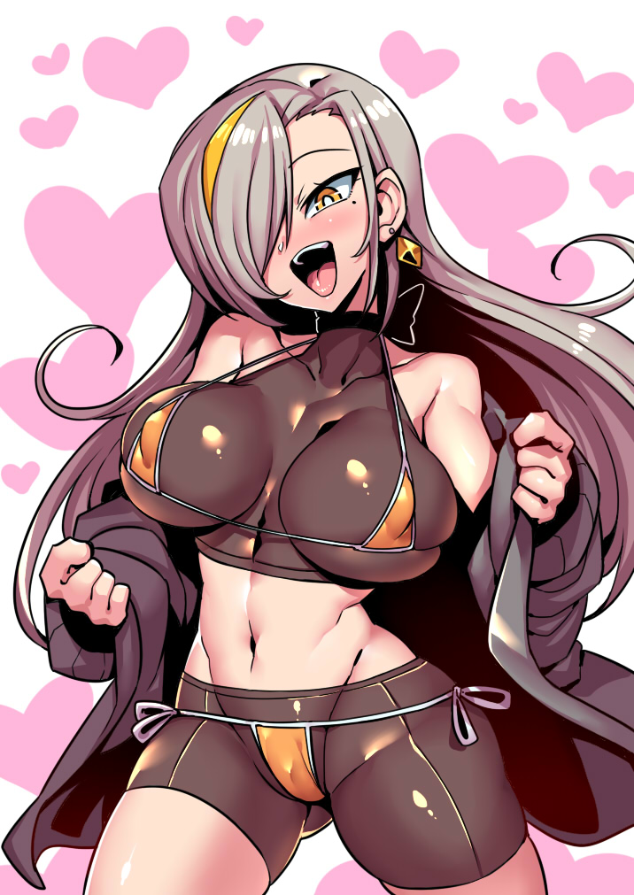 1girl, breasts, covered_erect_nipples, earrings, hair_over_one_eye, indie_virtual_youtuber, jewelry, large_breasts, long_hair, looking_at_viewer, mole, mole_under_eye, multicolored_hair, navel, open_mouth, silver_hair, smile, solo, streaked_hair, tukiwani, utai_meika, virtual_youtuber