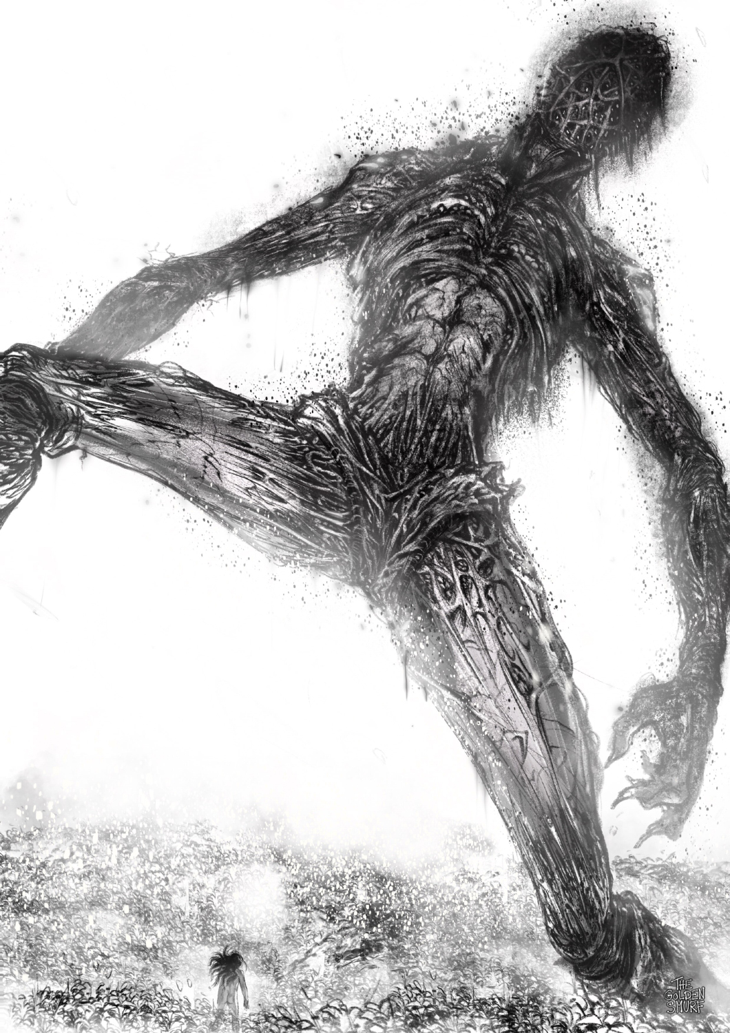 1boy, 1other, artist_name, eldritch_abomination, field, floating_hair, flower, flower_field, giant, god_(one-punch_man), greyscale, highres, homeless_emperor, long_hair, monochrome, one-punch_man, redrawn, spoilers, the_golden_smurf