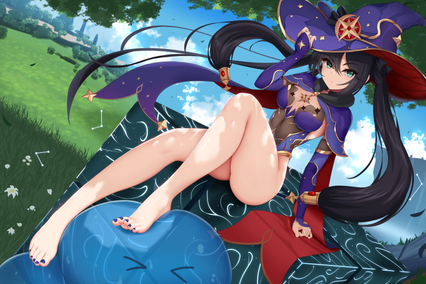 1girl, anemo_hypostasis_(genshin_impact), ass, barefoot, black_hair, blue_eyes, blue_hat, blue_leotard